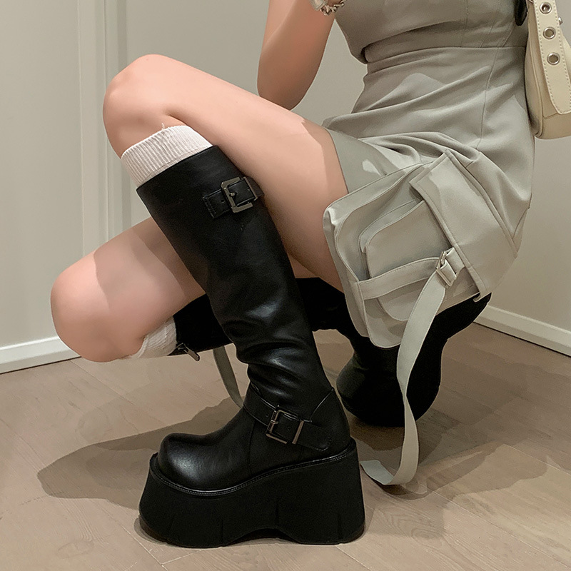 2024 Damesschoenen Basic Dameslaarzen Klassiekers Kniehoge Laarzen Dames Riemgesp Zijrits Ronde Neus Wedge Platform Schoenen Dames
