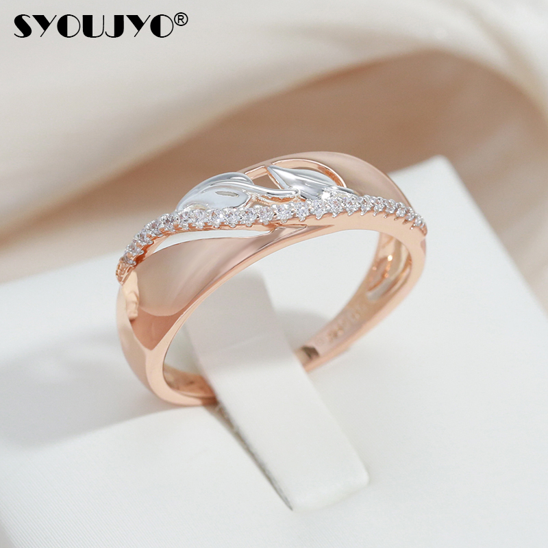 SYOUJYO 585 anillos de lujo de dos colores de oro rosa y plata para mujer ajuste de circón Natural joyería de boda de diseño delgado de moda