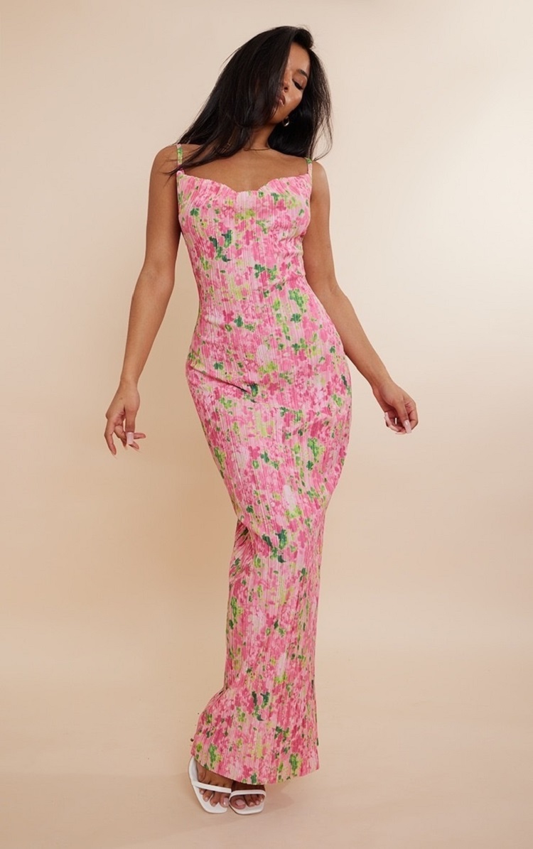 Cutuble gaun bunga merah muda wanita dan gaun malam elegan tanpa lengan tipis tali Spaghetti Bodycon lipit Maxi Prom Vestidos