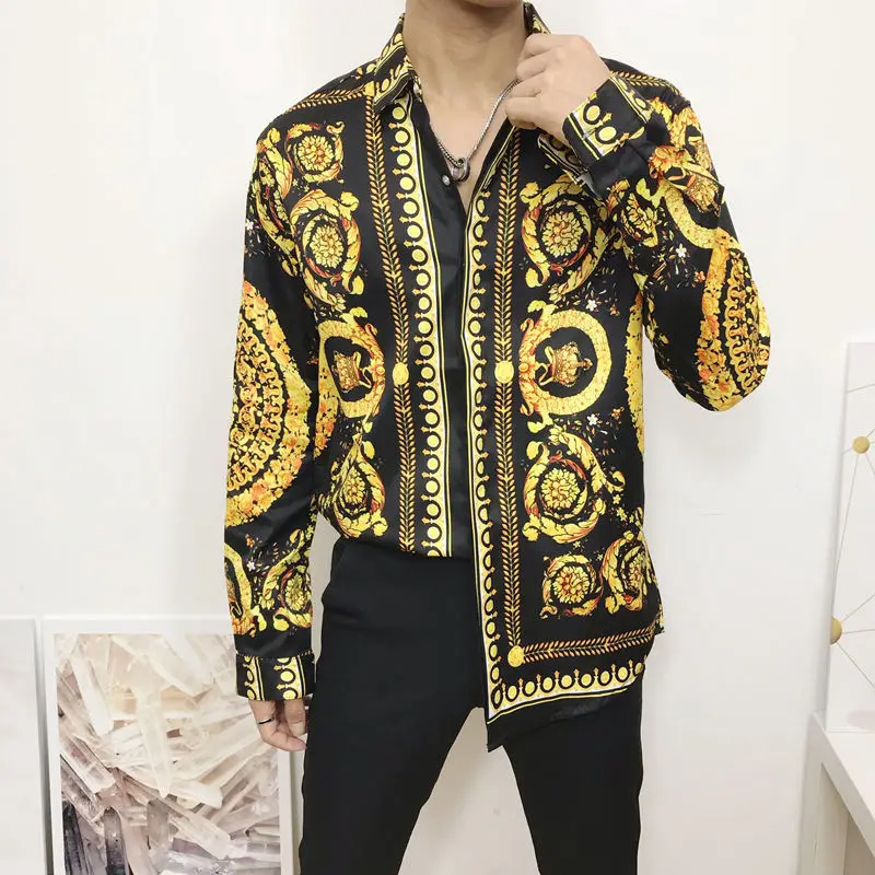 Casual ouro retro impressão camisa de verão camisa de manga longa masculina 3d impresso lapela camisa masculina e feminina moda manga longa