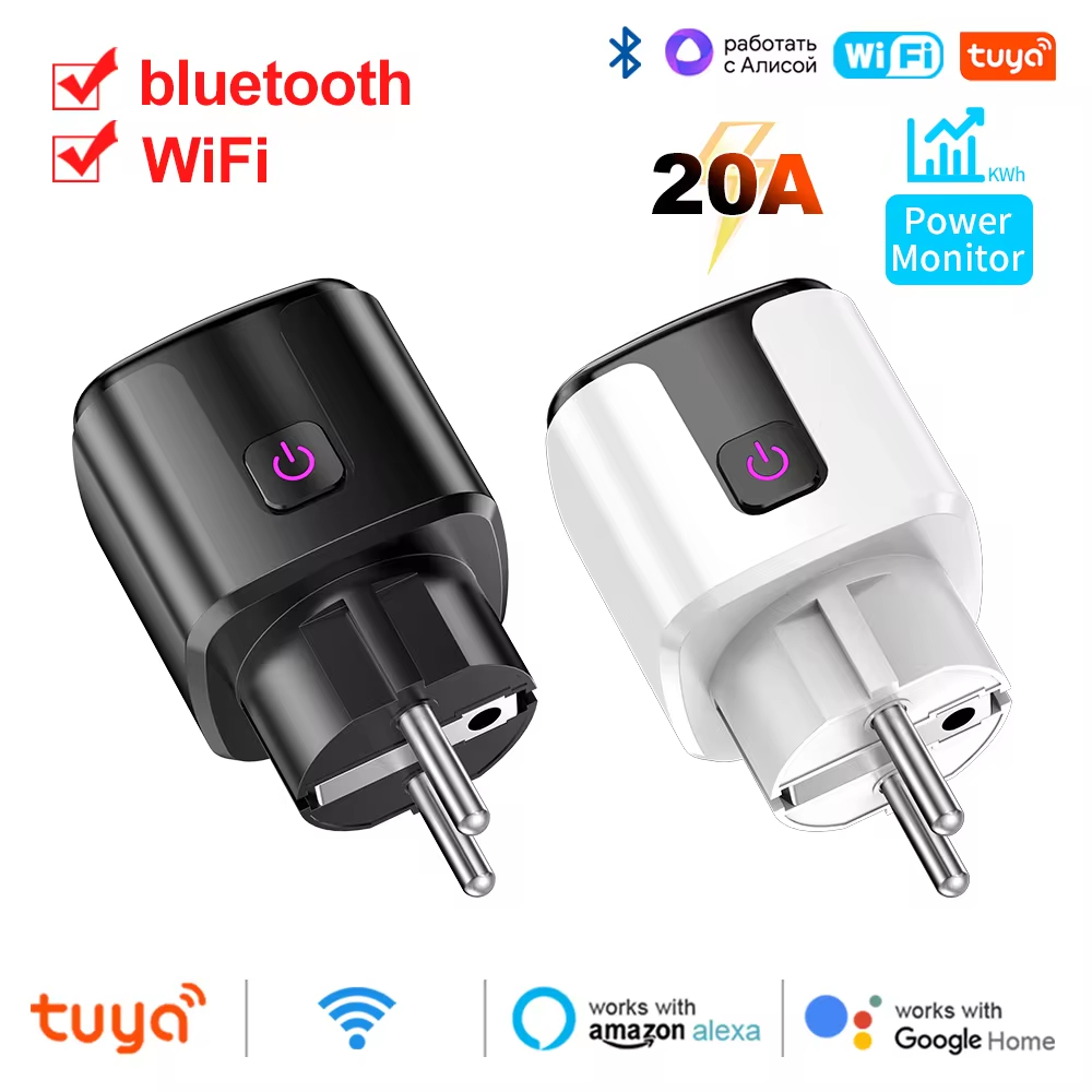 Enchufe WiFi 20A con monitoreo de energía Tuya, enchufe inteligente de la UE, temporizador, salida de bloqueo para niños, Google Home, Alice SmartThings, Alexa