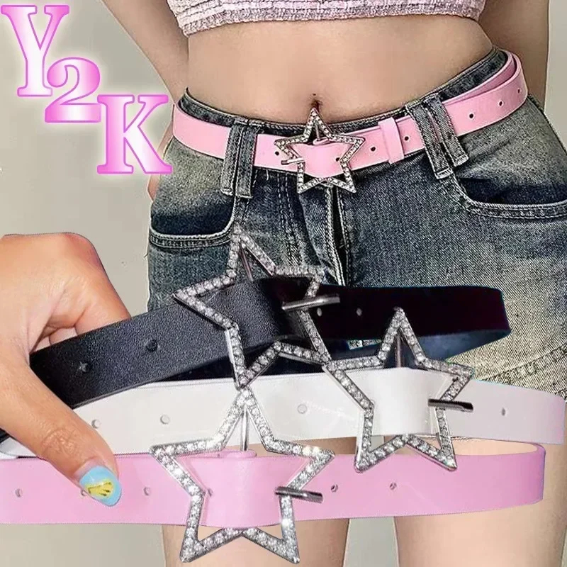 Y2K Star Buckle Belt Pink Leather Elastic Binding Embellished Waistband Sparkling Rhinestone Retro Bride Decoration Akcesoria