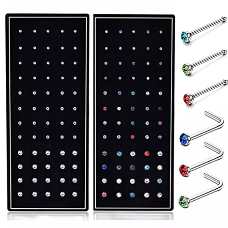 Conjunto de piercing de nariz em aço inoxidável, 40/60 peças, cristal, narina, argola em forma de l, pacote de anel de nariz, piercing, nariz, joias corporais