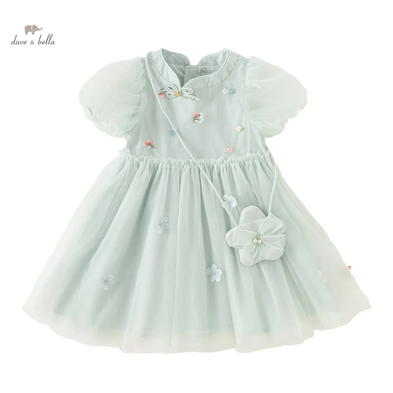 Vestido de princesa de manga corta para niña, ropa de malla con bonito encanto, informal, a la moda, de verano, 2024, DB2241022