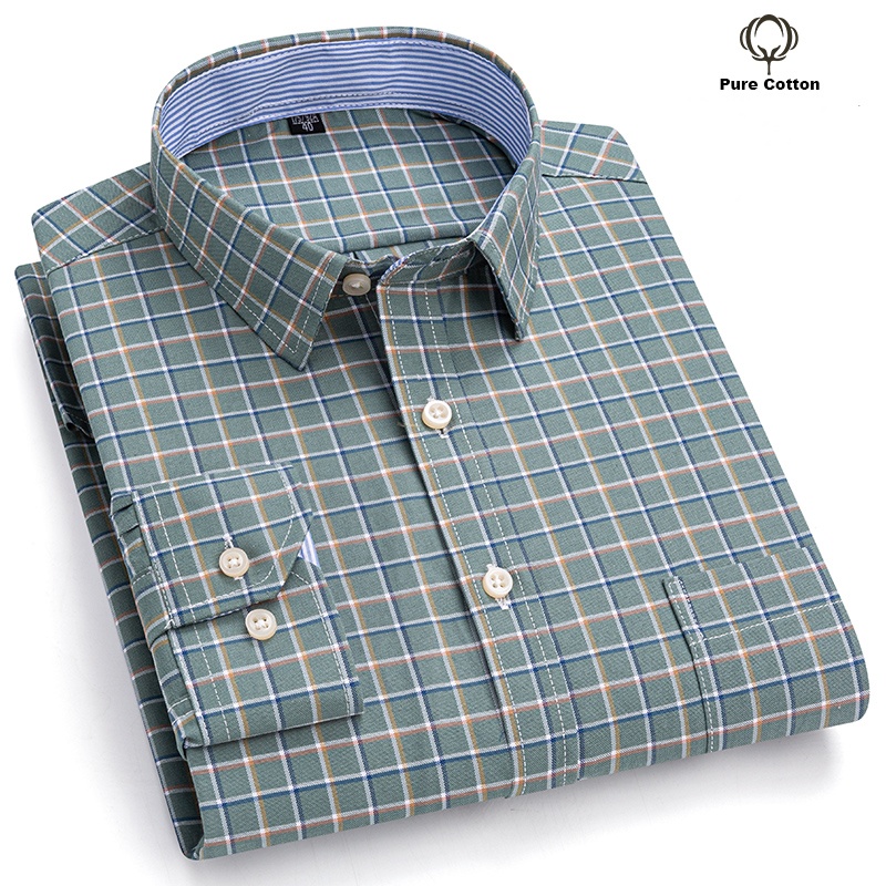 Chemises sociales pour hommes à manches longues 100% pur coton Oxford boutonné Plaid formel mâle vêtements décontractés chemise surdimensionnée grande taille S-7XL