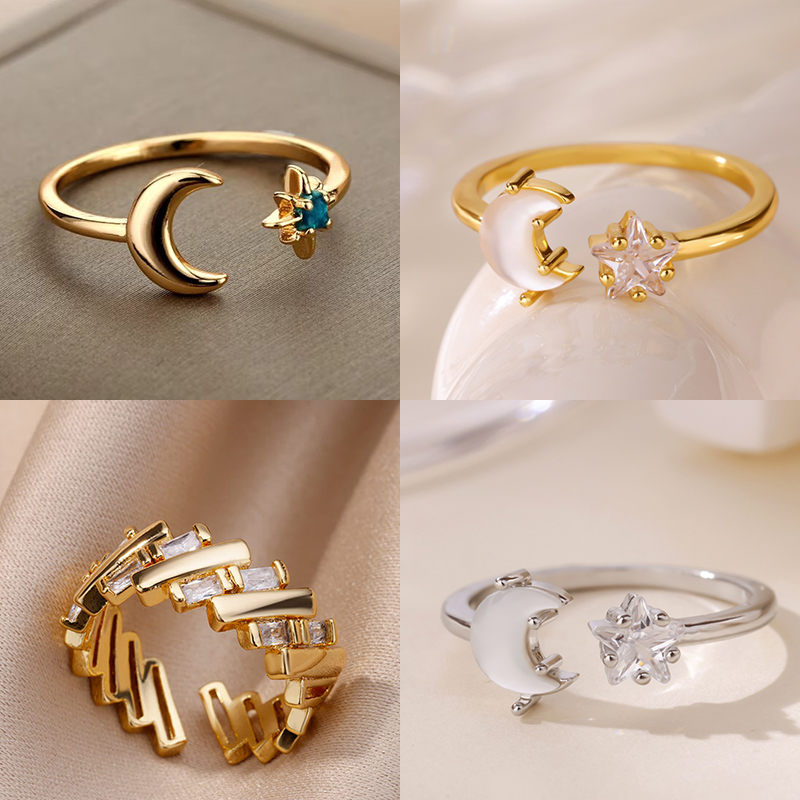 Cincin bulan Zircon UNTUK WANITA baja nirkarat bersinar bintang bulan jari dapat disesuaikan hadiah perhiasan pernikahan estetika