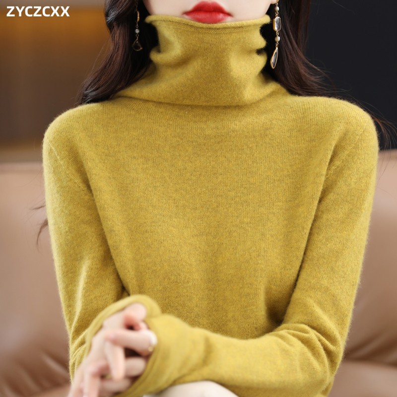 100% メリノウールタートルネックプルオーバーニット女性の新しい秋と冬の暖かいセーター女性の無地パイルネックセーター