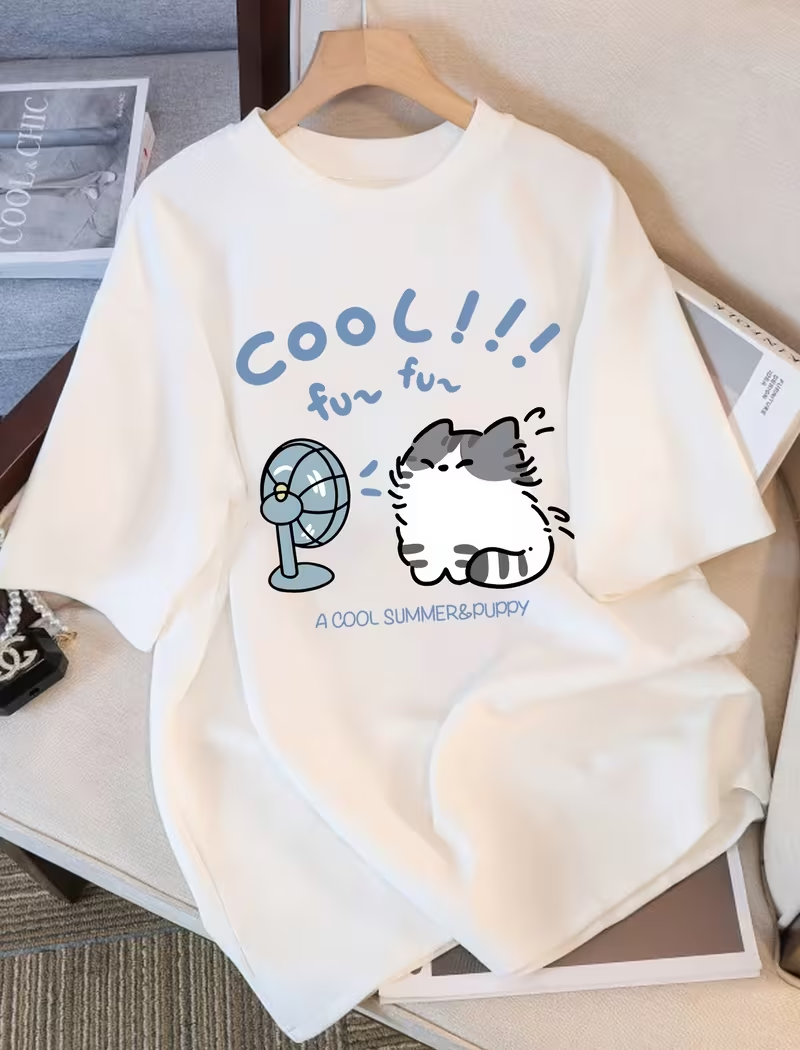 T-shirt à manches courtes pour femmes, élégant, unique, Cool Cat Fans, imprimé de dessin animé, respirant, coupe ajustée, décontracté, pour l'été