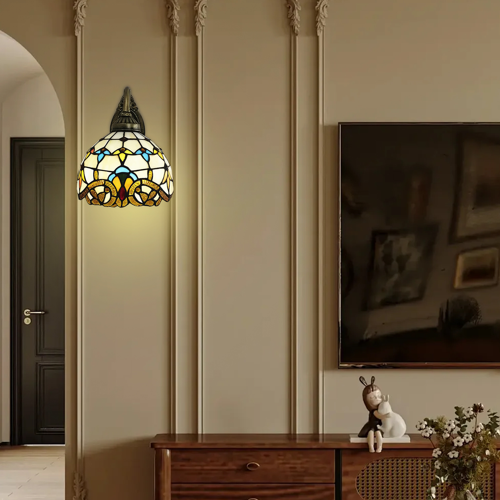 Tiffany Style Wall Sconce Stained Glass Shade Wall Lamp Indoor Lighting Fixture,Stained Glass Vintage Antique Light for Bedroom