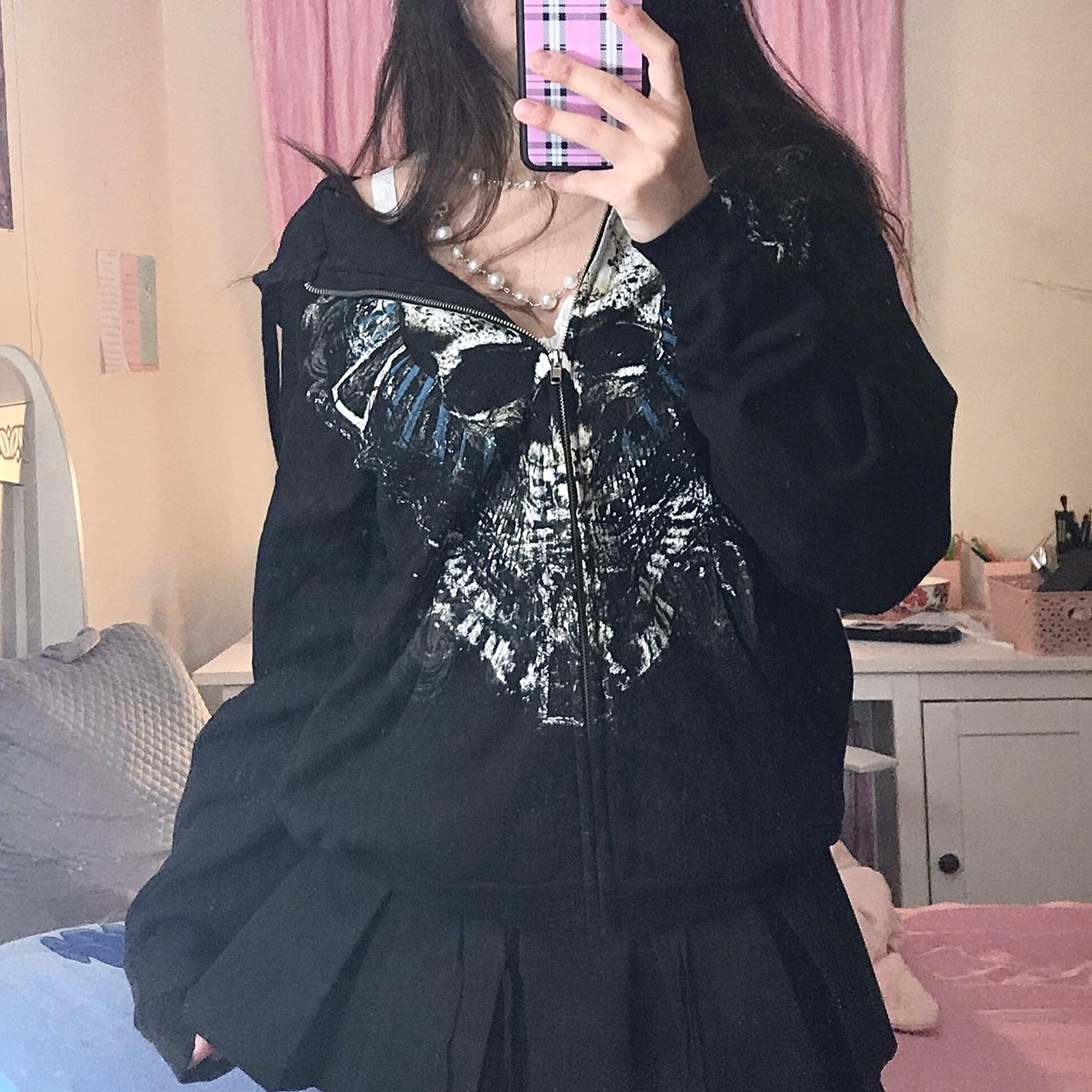 Dourbesty-sudaderas con capucha con estampado de calavera Grunge gótica Vintage, sudaderas con cremallera, sudaderas Harajuku de Dark Academia, abrigo estético Autunm, Tops Y2k