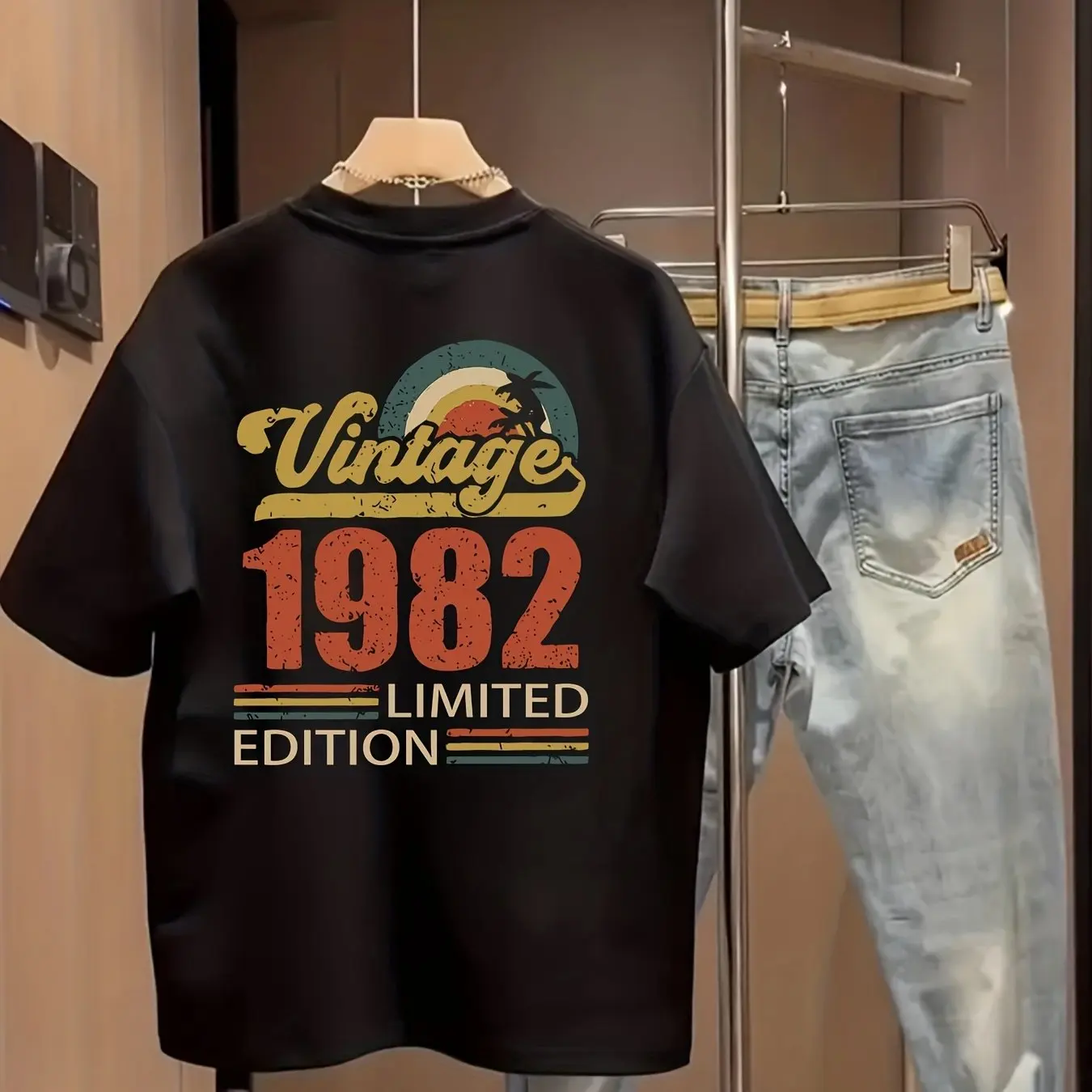Camiseta Vintage Masculina de Verão "Vintage 1982 Edição Limitada" com Estampa Retro de Pôr do Sol, 100% Algodão, Ideal para Moda Casual