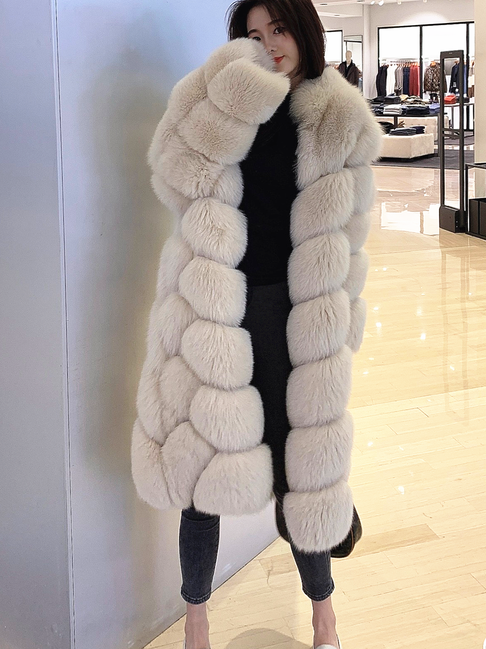 Abrigo largo de piel de zorro real con cuello para mujer, chaquetas recortadas en blanco y negro, mangas completas, lujo, talla grande, Invierno