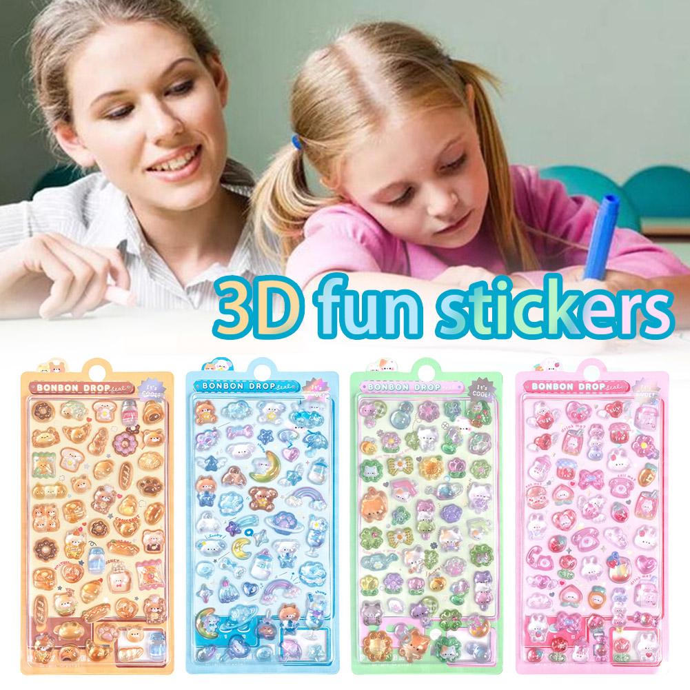 Autocollants gonflés 3D pour enfants, feuilles d'autocollants à bulles en strass cristal de dessin animé, décor surélevé mignon pour Scrapbooking, bricolage, 4 pièces