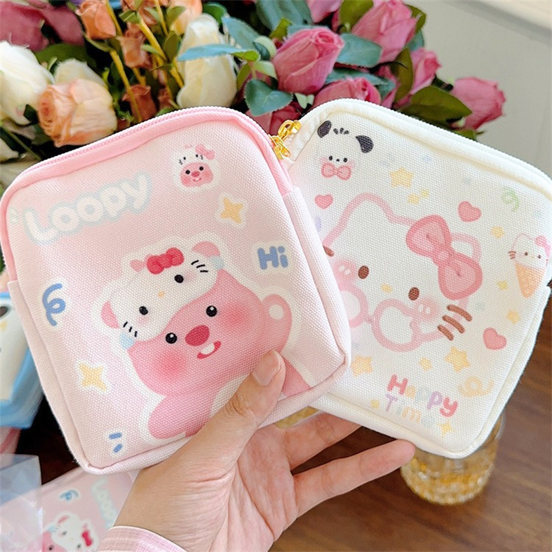 Kawaii dos desenhos animados olá kitty menina tampão guardanapo sanitário saco de armazenamento bonito mini cosméticos bolsa de moedas presentes femininos