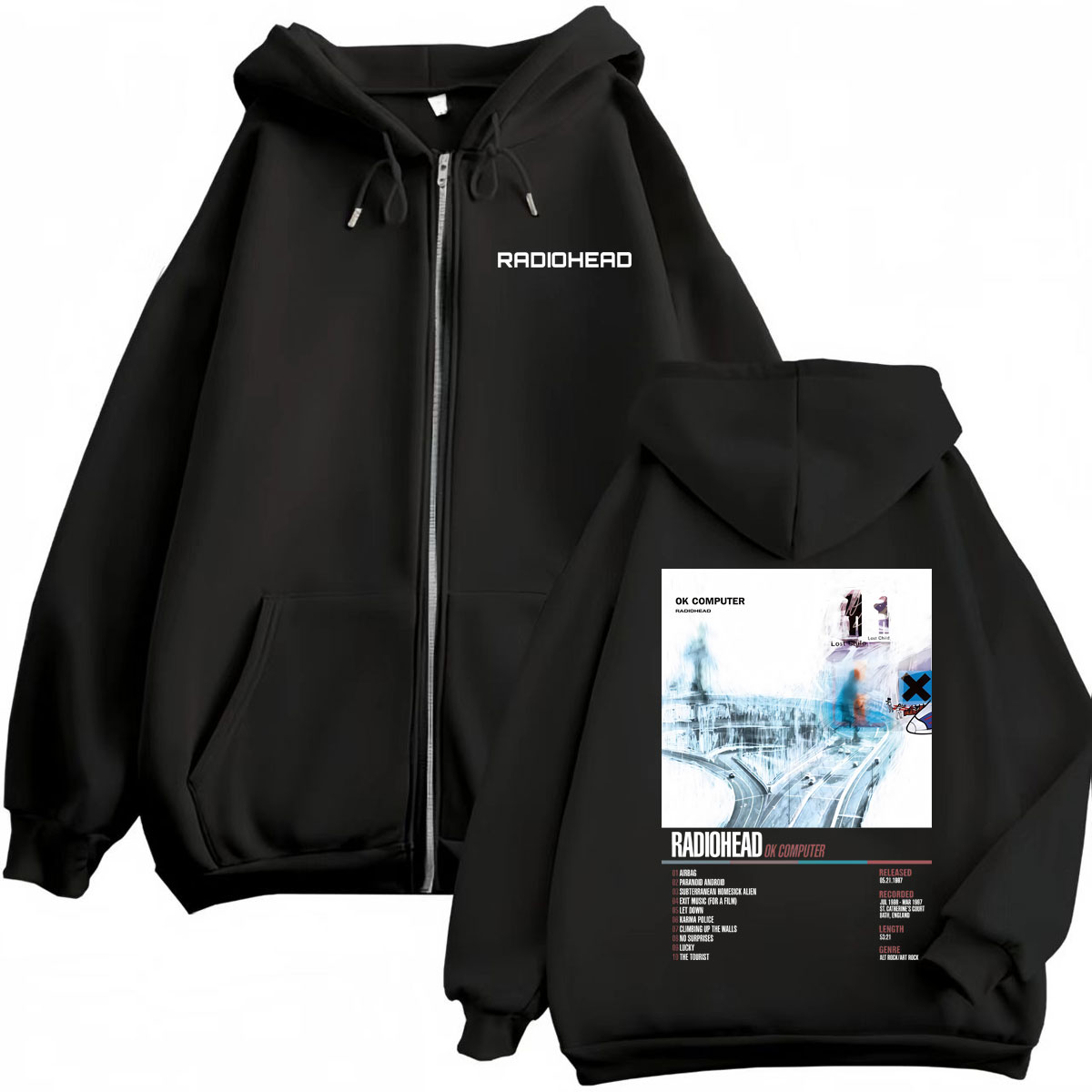 Radiohead álbum de música cartaz gráfico zíper moletom com capuz masculino moda feminina rock zip up pullovers moletom de lã de alta qualidade