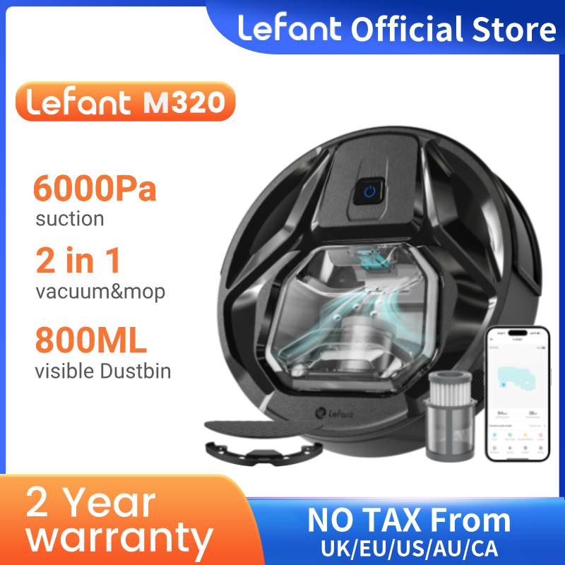 Robot aspirador y trapeador inalámbrico Lefant M320, 6000Pa, tiempo de ejecución de 210 minutos, autocargable, Ideal para suelos duros, pelo de mascotas y alfombras