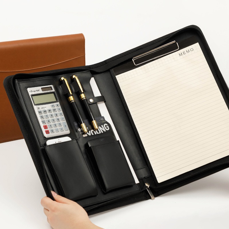 Carpeta portafolio de cuero A4 multifuncional para organizador de documentos, bolso con cremallera, carpeta de escritura ejecutiva para hombre, maletín de oficina