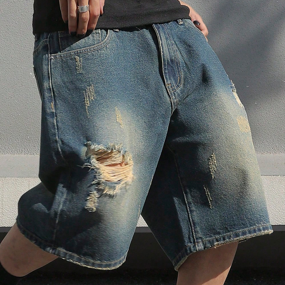 Mannen zomer baggy rekbare denim shorts jeans voor mannen streetwear gescheurd knielengte baggy comfort cargo casual shorts broek jean
