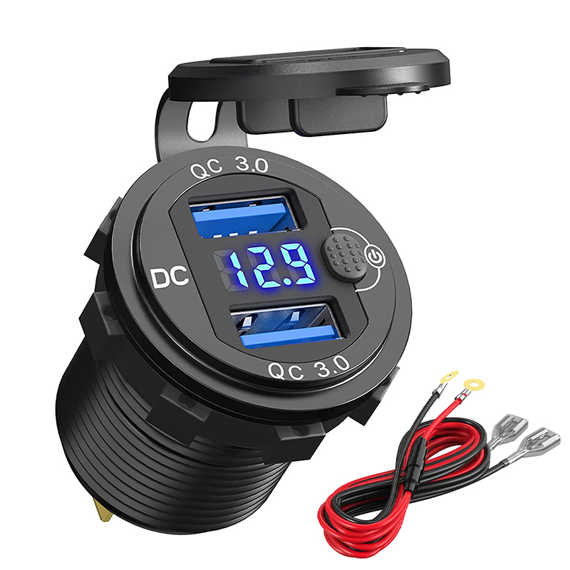 Quick Charger อลูมิเนียม QC3.0 Dual USB Car Charger พร้อมปุ่มสวิทช์จอแสดงผลแรงดันไฟฟ้า LED สําหรับ 12 V/24 V รถยนต์เรือรถจักรยานยนต์