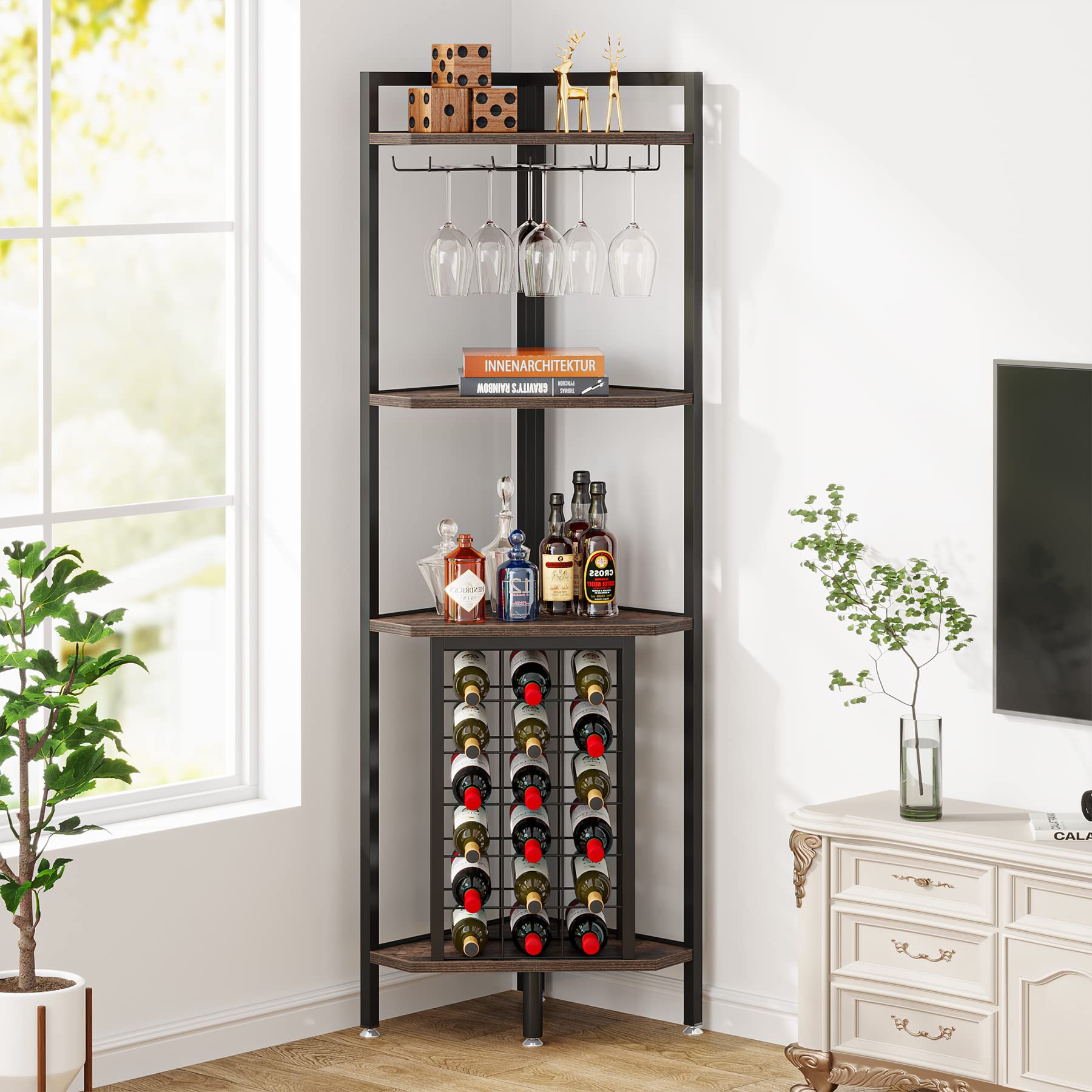 Tribesigns Wine Rack Mueble de bar Estante de esquina de 4 niveles con soporte para vidrio
