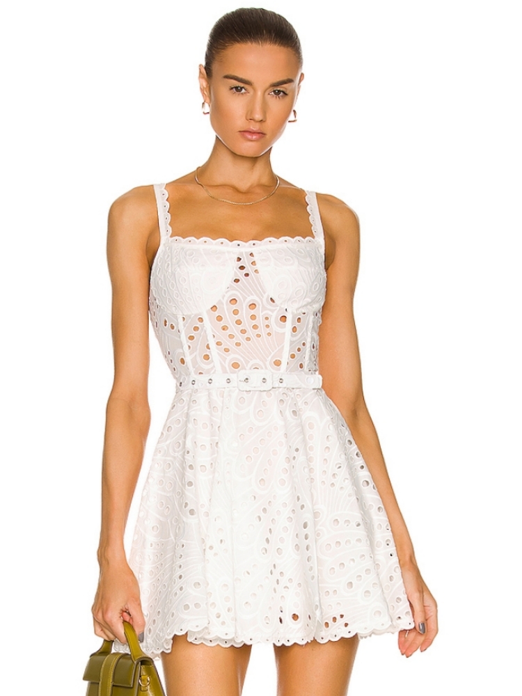 Summer Sexy Sleeveless Embroidery Hollow Out Mini Dress Women White Lace Straps High Waist  A-Line Dress Party Evening Sundress