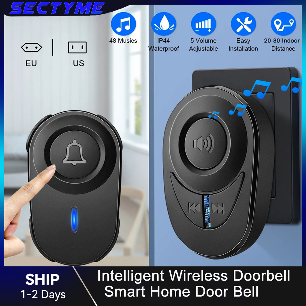 Беспроводной дверной звонок Sectyme Intellige, уличный Водонепроницаемый дверной звонок для умного дома, с европейской вилкой, 48 аккордов, светодиодная вспышка, домашняя охранная сигнализация