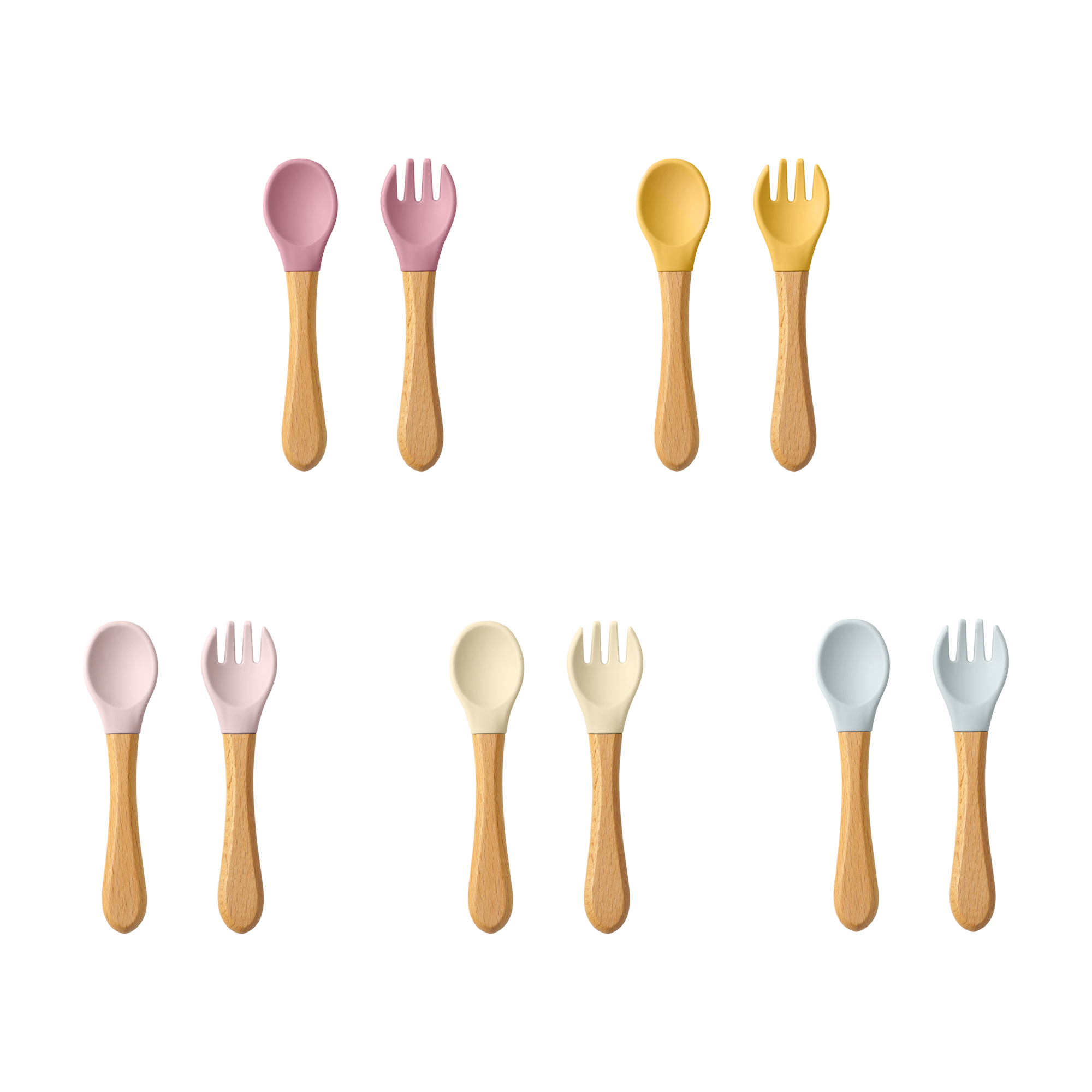 Conjunto de utensílios para aprendizagem de bebês, 2 peças, cabo de madeira de qualidade alimentar, colher de silicone, garfo, talheres, colher de treinamento, utensílios de mesa de alimentação
