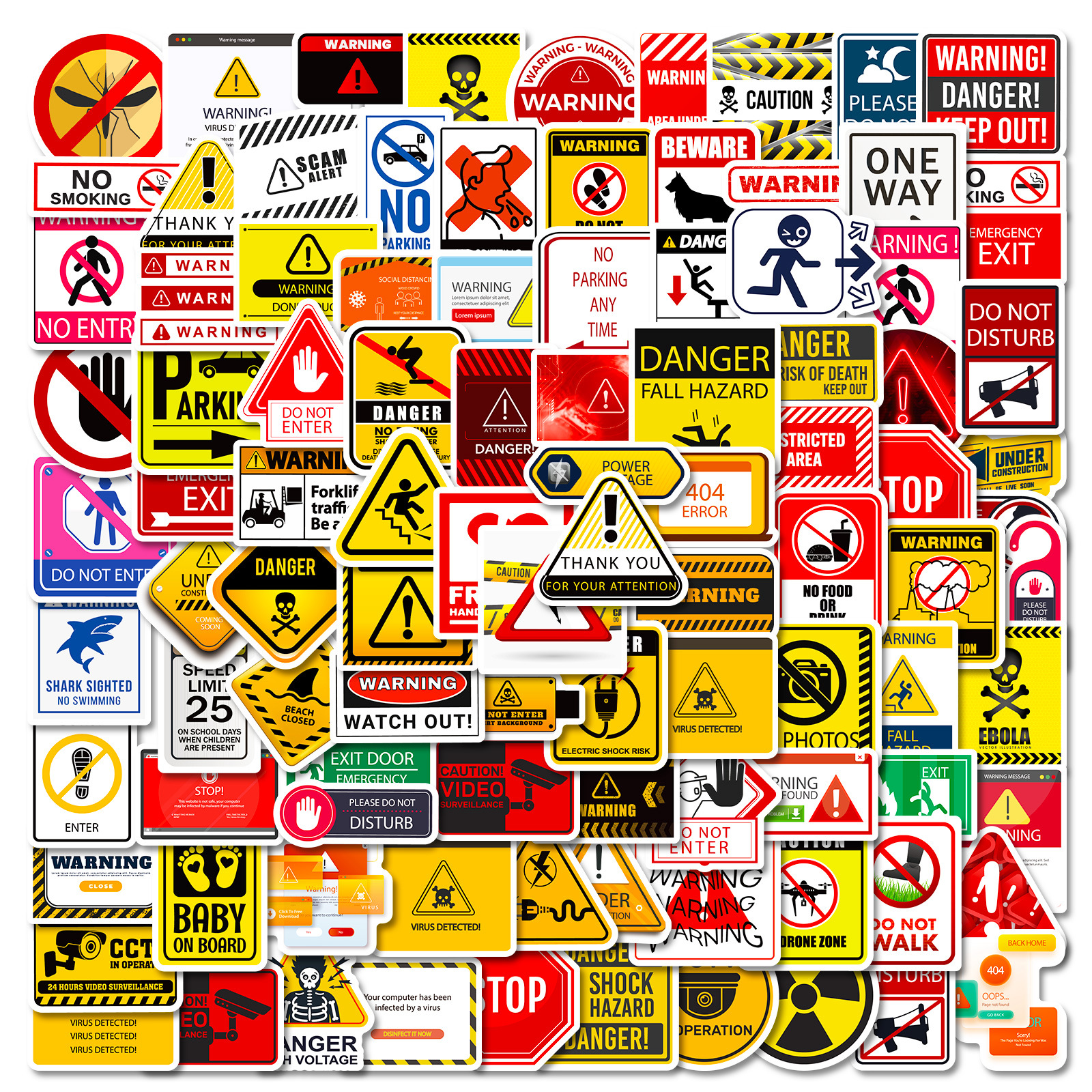 10/50/100pcs Warning Stickers Danger Banning Skateboard Fridge Guitar Laptop Motorcycle Travel Classic Kid Toy Decals Sticker