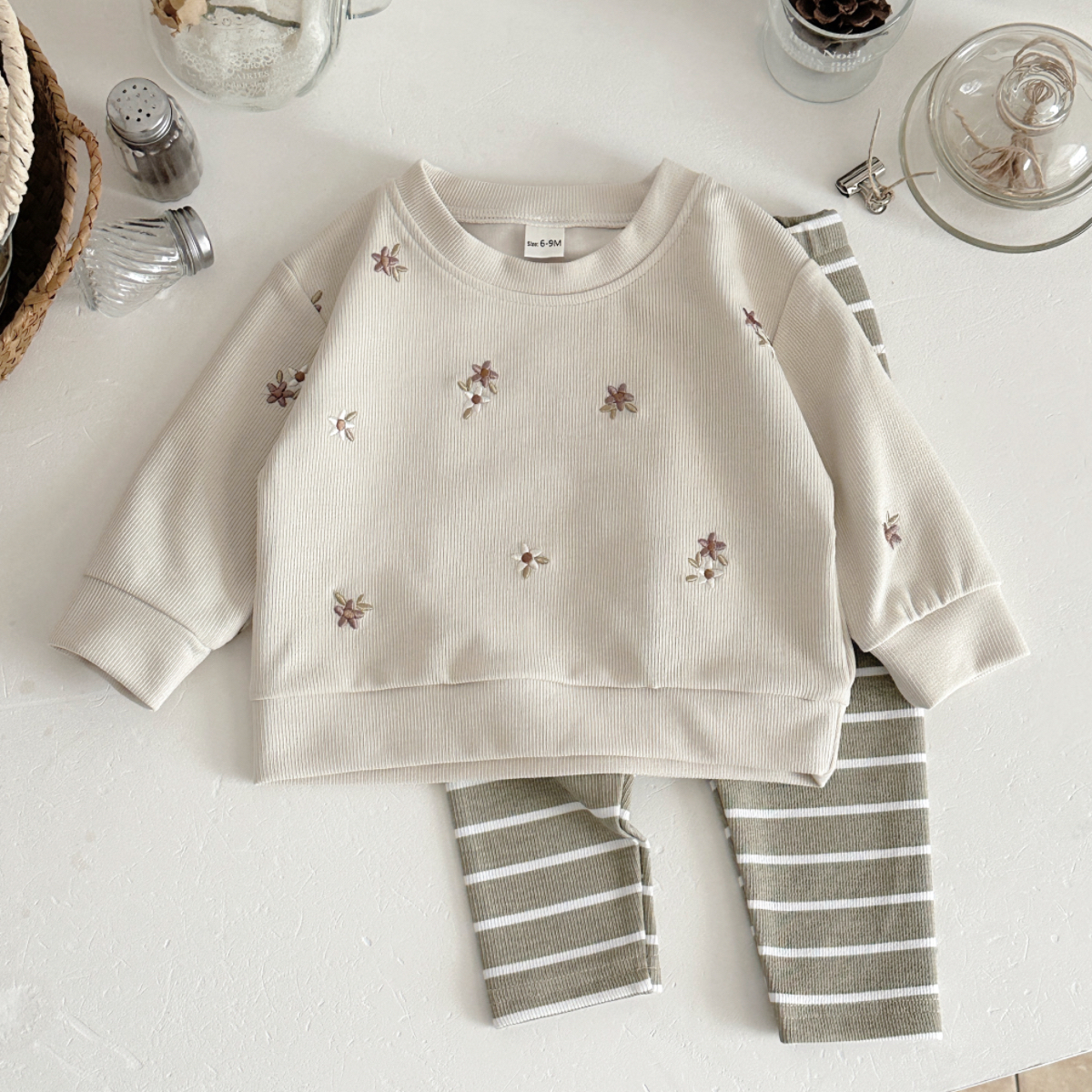 Conjunto de roupas infantis para meninas, bordado floral, manga comprida, calças listradas finas, roupas de primavera e outono, itens para bebês recém-nascidos
