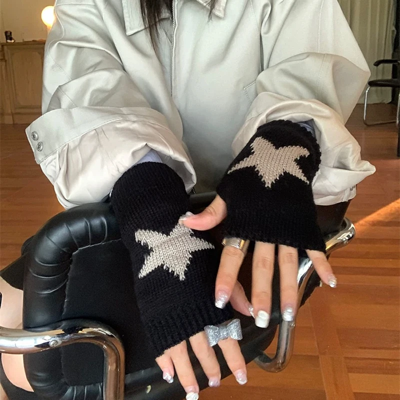 Y2K Fashion Finger-exposed Five-pointed Star Gloves, Winter Warm Thickened Knitted Gloves