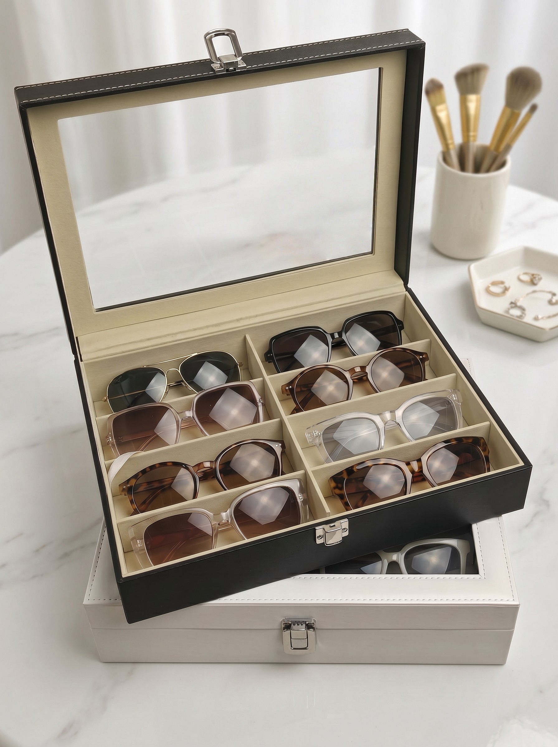 8 Slots Sunglass Organizer Glasses Case Multiple Pairs With Lid Sunglasses Storage Case Box for Women Men Jewelry Rings Necklace