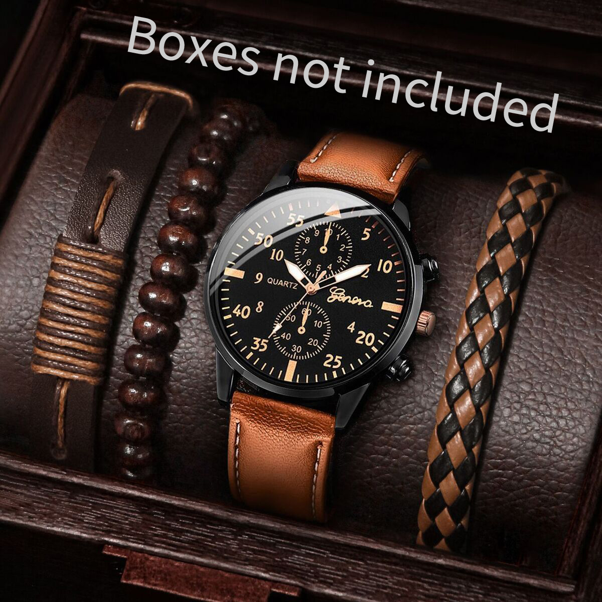 Relógio de quartzo de couro para homens, pulseiras vintage sem caixa, mostrador árabe, moda empresarial, 4 pçs/set