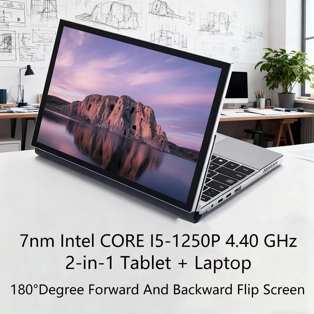 2025 Mini pc 11" 2 en 1 portátil 12.a generación Intel Core i5-1250P 1920*1200 Pantalla táctil 180 ° Pantalla abatible de grados hacia adelante y hacia atrás