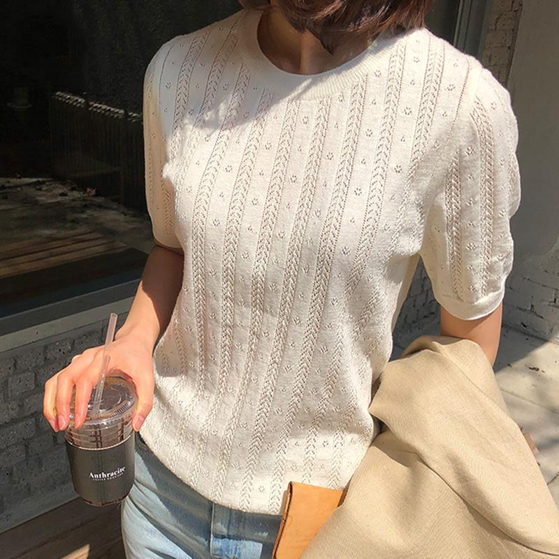 100% baumwolle Frauen Hohl-out Pullover T-shirt Neue Sommer Mode Kurze-hülse O-ansatz Pullover Tees Korea Beiläufige Gestrickte tops