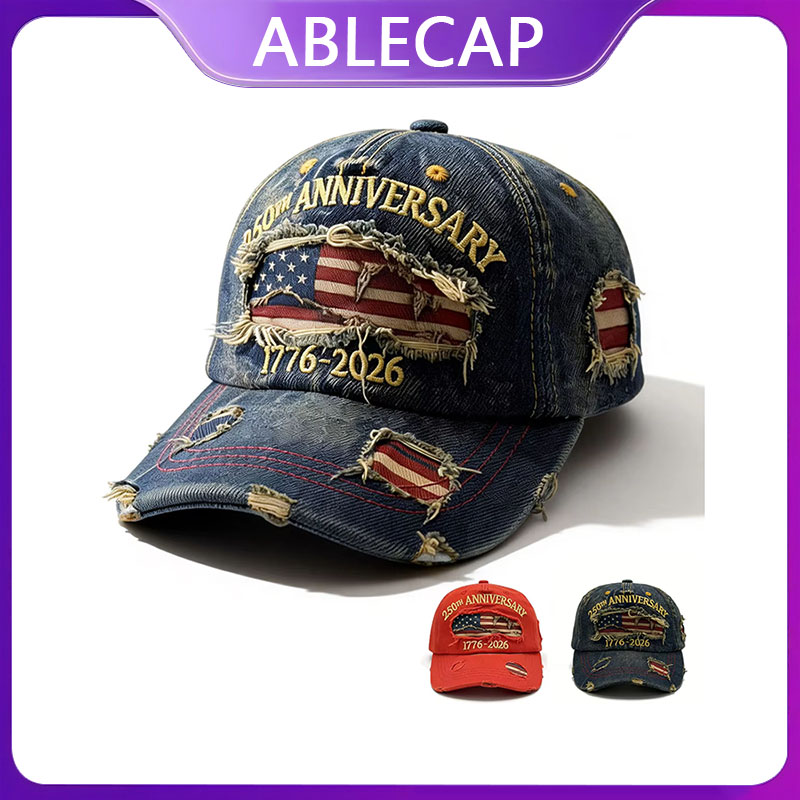 Cappellino da Baseball ABLECAP per il 250° Anniversario, Stile Vintage Lavato e Invecchiato, Regolabile con Patch Ricamata, Cappello Patriottico