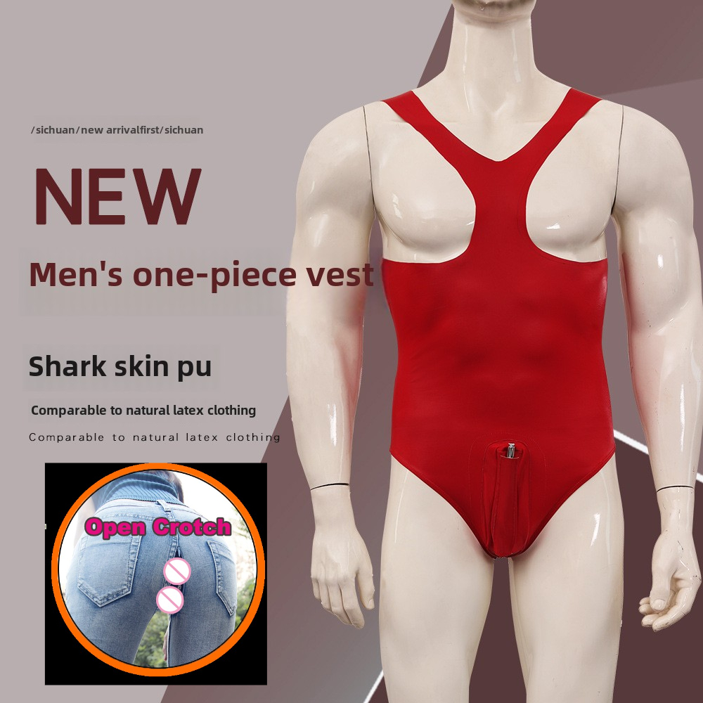 Nuevo Mono ajustado con pantalones con entrepierna abierta para hombre, mono fino de PU con corsé de alta elasticidad, mono Sexy para baile en club nocturno