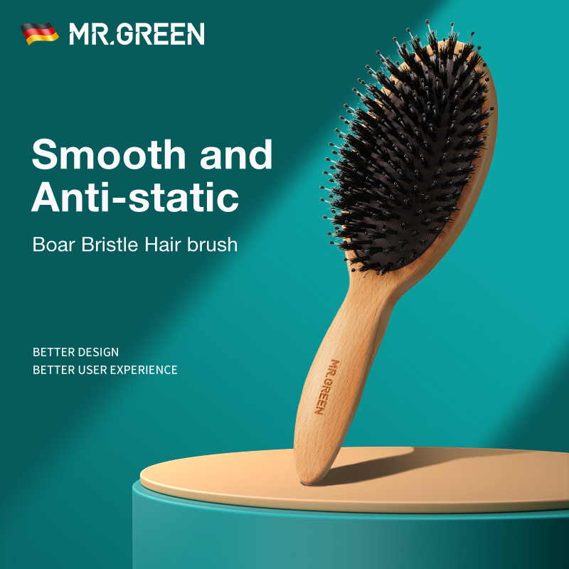 MR.GREEN-cepillo de pelo de cerdas de jabalí, peine de haya Natural, cepillo para el pelo rizado, grueso, largo, seco, húmedo, desenredante, cepillos de masaje para mujeres