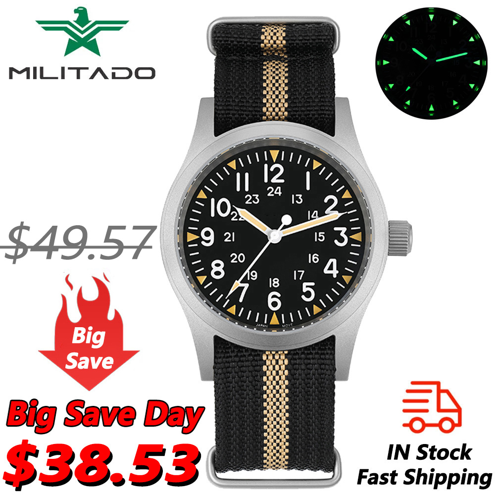 Militado ML05 38 мм винтажные часы VH31 кварцевые полевые часы с куполообразным сапфировым стеклом и прозрачным AR-покрытием наручные часы
