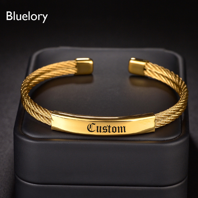 Bluelory kustom 8mm baja tahan karat Wanita Pria Gelang Punk memutar ukir nama tanggal inisial ID Bar gelang untuk Pasangan kekasih