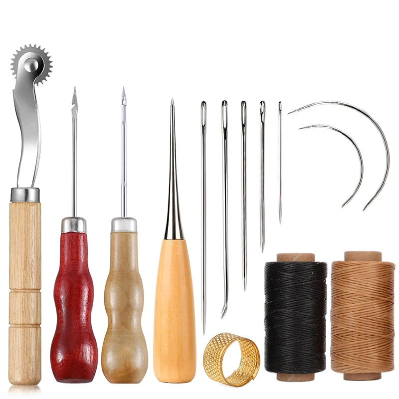 Kit de costura de cuero, hilo encerado, agujas para acolchar a mano, punzón de costura, para principiantes, costura, confección de prendas