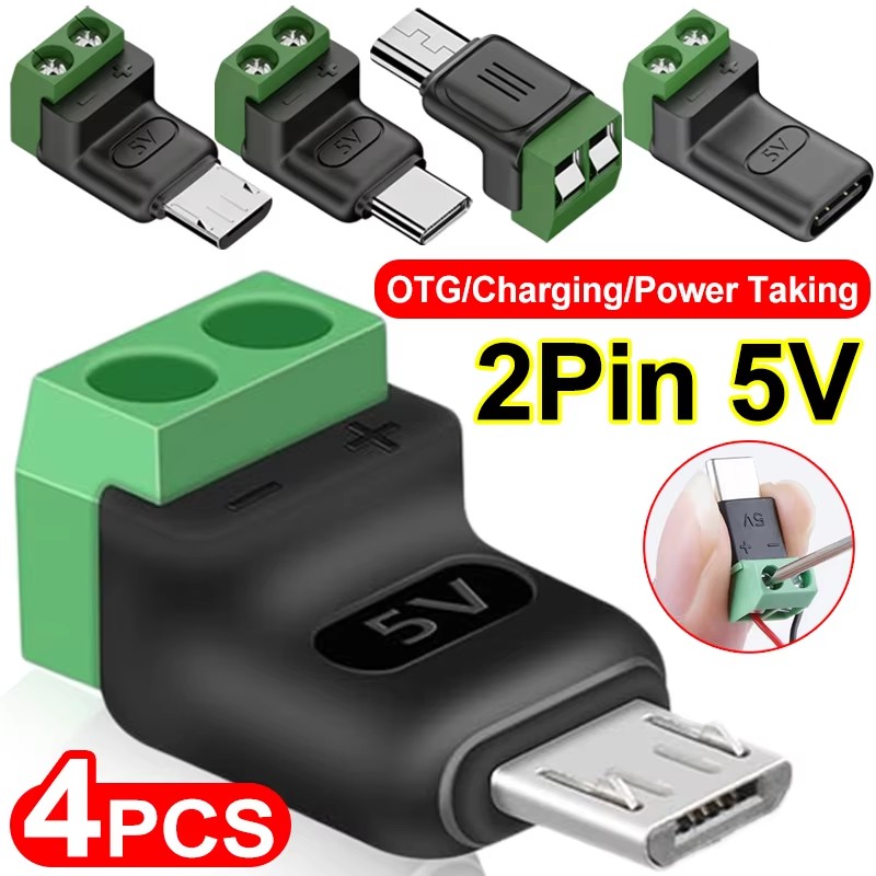 1-4 Piezas Adaptador USB C a Terminal de 2 Pines sin Soldadura, Bloque de Terminales de Crimpado de 5V con Tornillo, Conector de Carga Tipo C a 2 Pines Verde