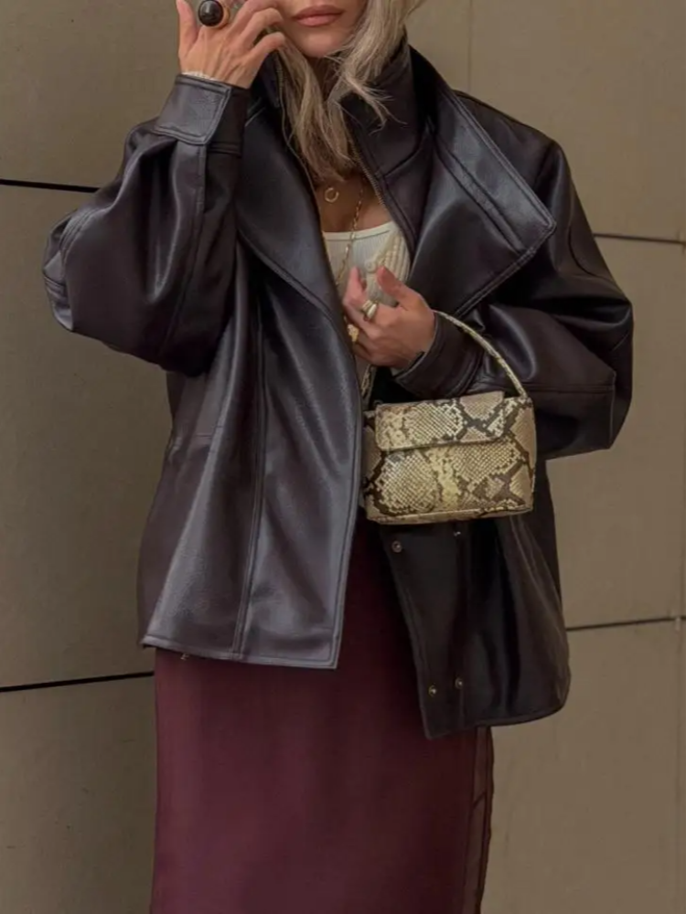 Giacca Donna Vintage con Doppio Colletto, Oversize con Coulisse in Vita, Cerniera, in Pelle, Nuova Collezione Primavera 2026, Stile High Street
