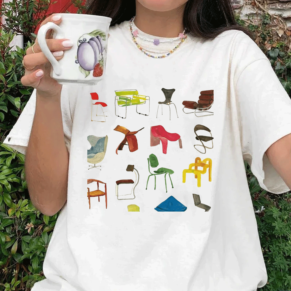 Camiseta Vintage con estampado de sillas de diseño para mujer, camisetas con letras musicales estéticas Grunge Egirl, ropa de calle Y2k a la moda