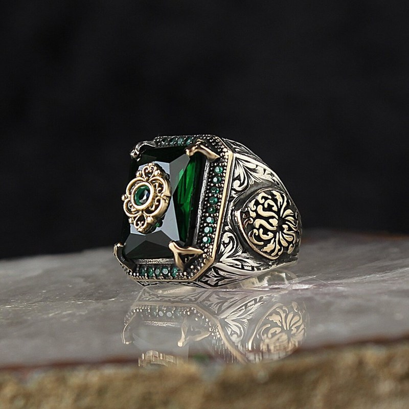 Anillo de sello turco hecho a mano Retro para hombres, patrón de tallado de Color plateado Vintage, incrustaciones de circonita verde, anillo de motorista Punk de fiesta