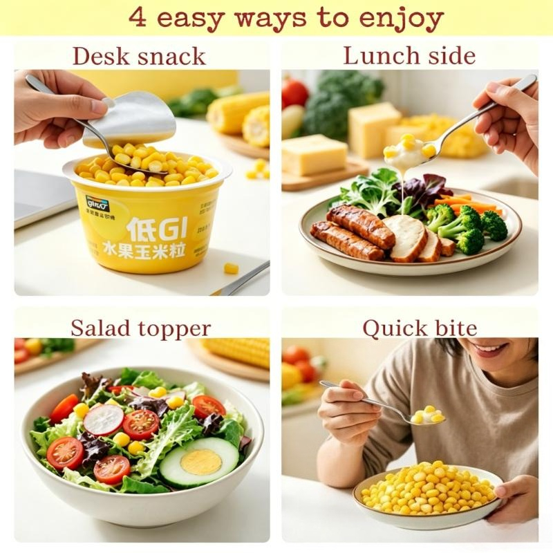 Maïs en grains à faible IG, prêt à consommer, en pot portable, collation saine pour le bureau, garniture de salade, accompagnement de repas, naturel, sans OGM, collation instantanée pour une pause rapide au quotidien
