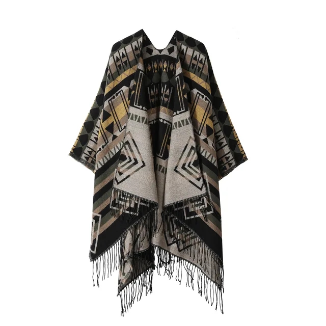 Poncho Nieuwe Split Warme Sjaal Vintage Etnische Stijl Sjaal Imitatie Kasjmier Kwastje Vrouwen Cape Dame Mantel Warme Jas Kaki