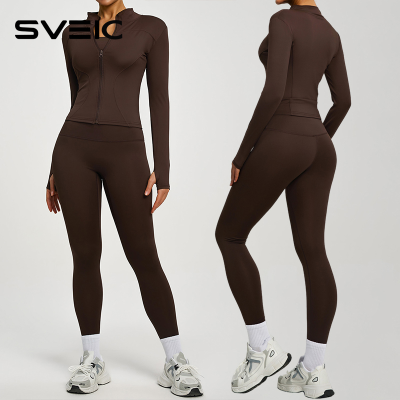SVEIC Yoga Coat Sports Top Long Sleeve Jacket Fitness Breathable Women's Tracksuit High Waist Leggings Two Piece Set Gym Clothes