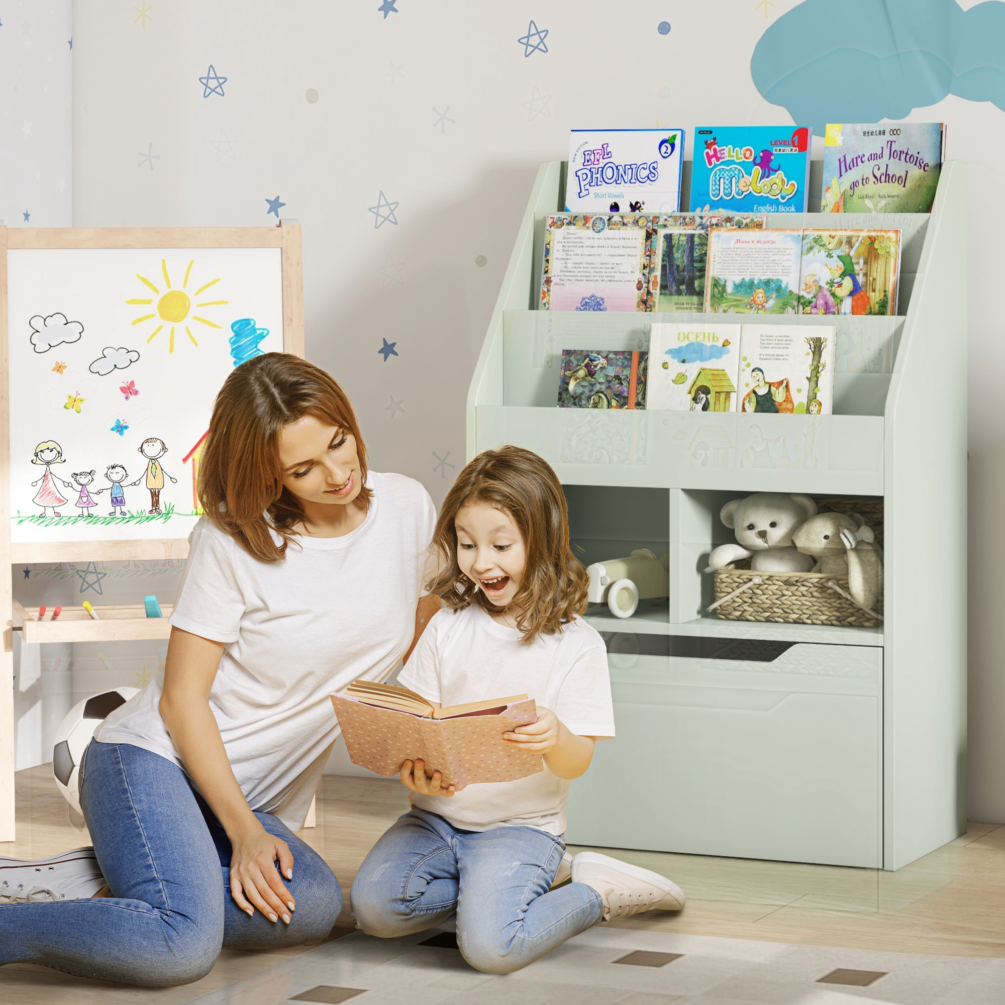 Homcom Kinder Bücherregal Regal mit 3 Fächern 2 Würfel Schublade und Räder