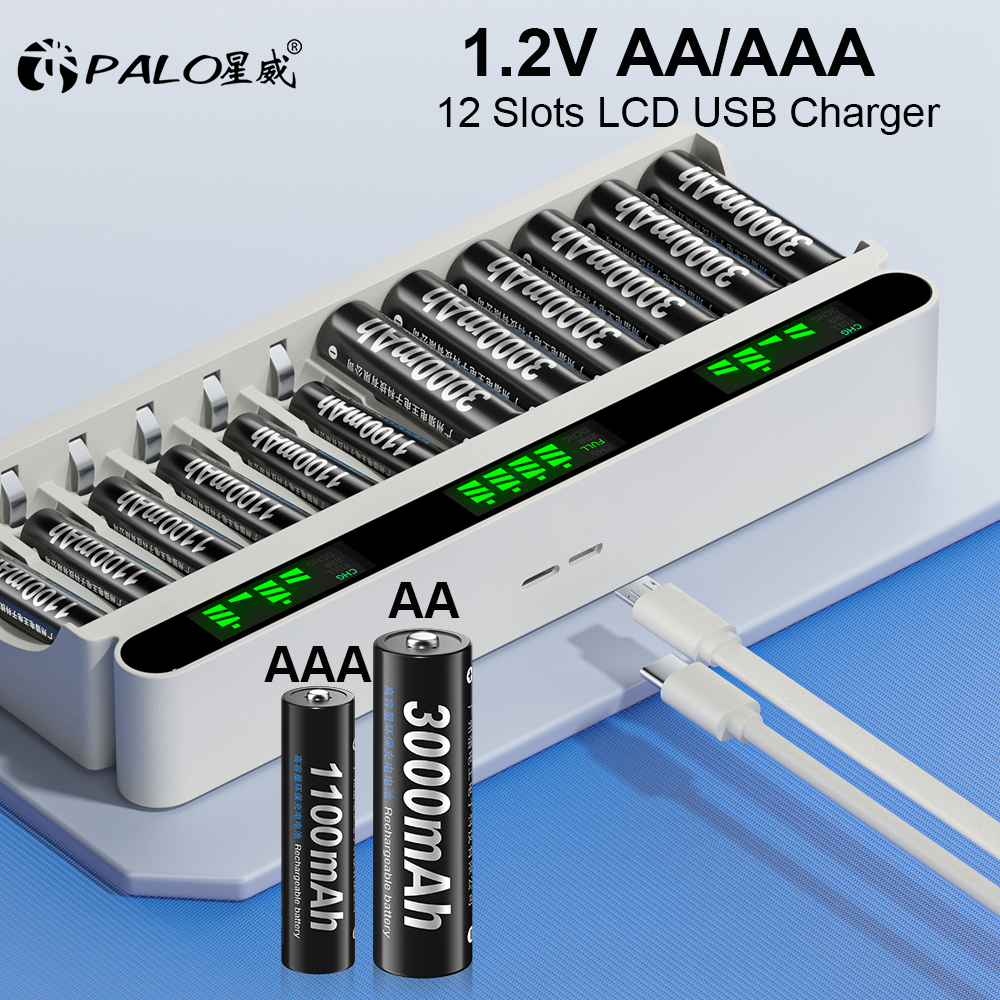 PALO 1.2V AA AAA NIMH Rechargeable Battery Batteries 2A 3A With 12 Slots LCD USB Fast Battery Charger for 1.2V AA AAA Battery