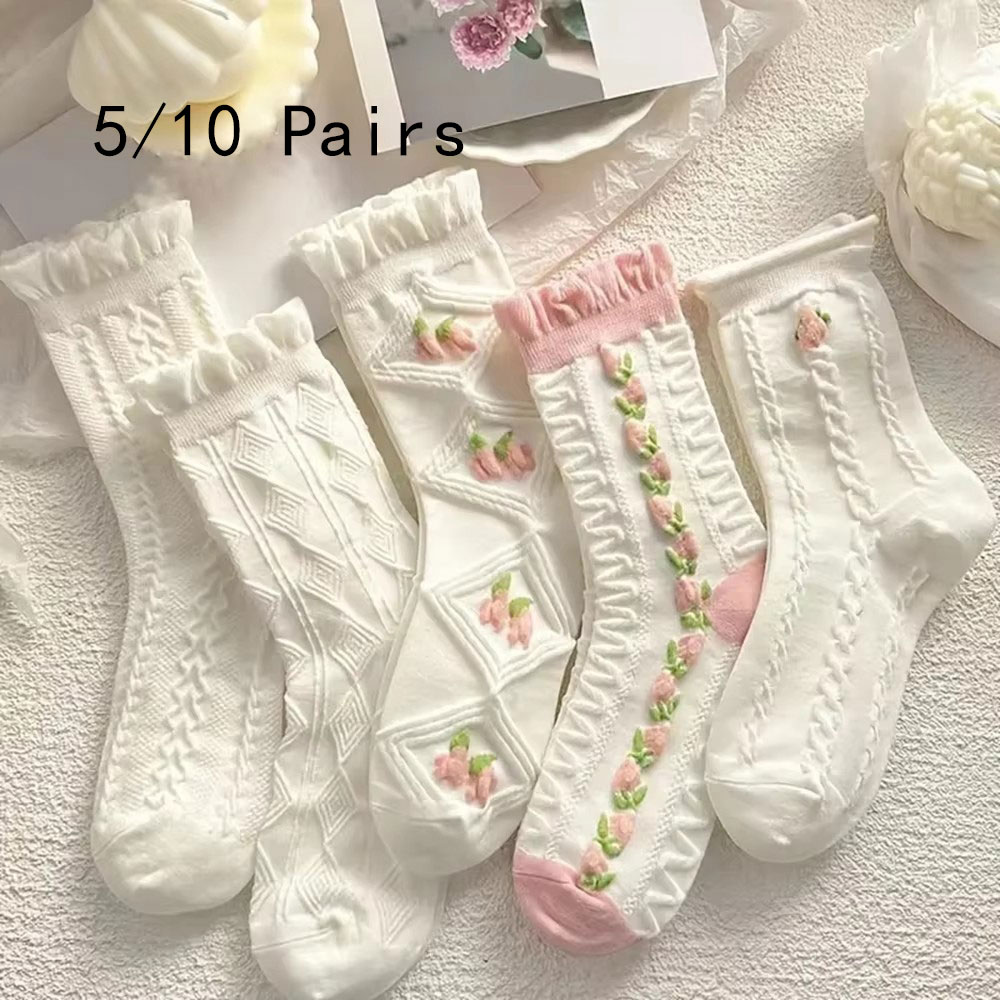 5-parowe śliczne koronkowe skarpetki typu Mid Tube damskie Lolitajk potargane w stylu Harajuku jesienno-zimowa miękkie wszechstronne modne skarpetki dziewczęce